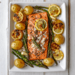 Lemony Brown Butter Salmon and Rosemary Potatoes with Garlic Asparagus Recipe