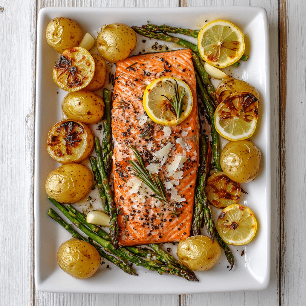Lemony Brown Butter Salmon and Rosemary Potatoes with Garlic Asparagus Recipe
