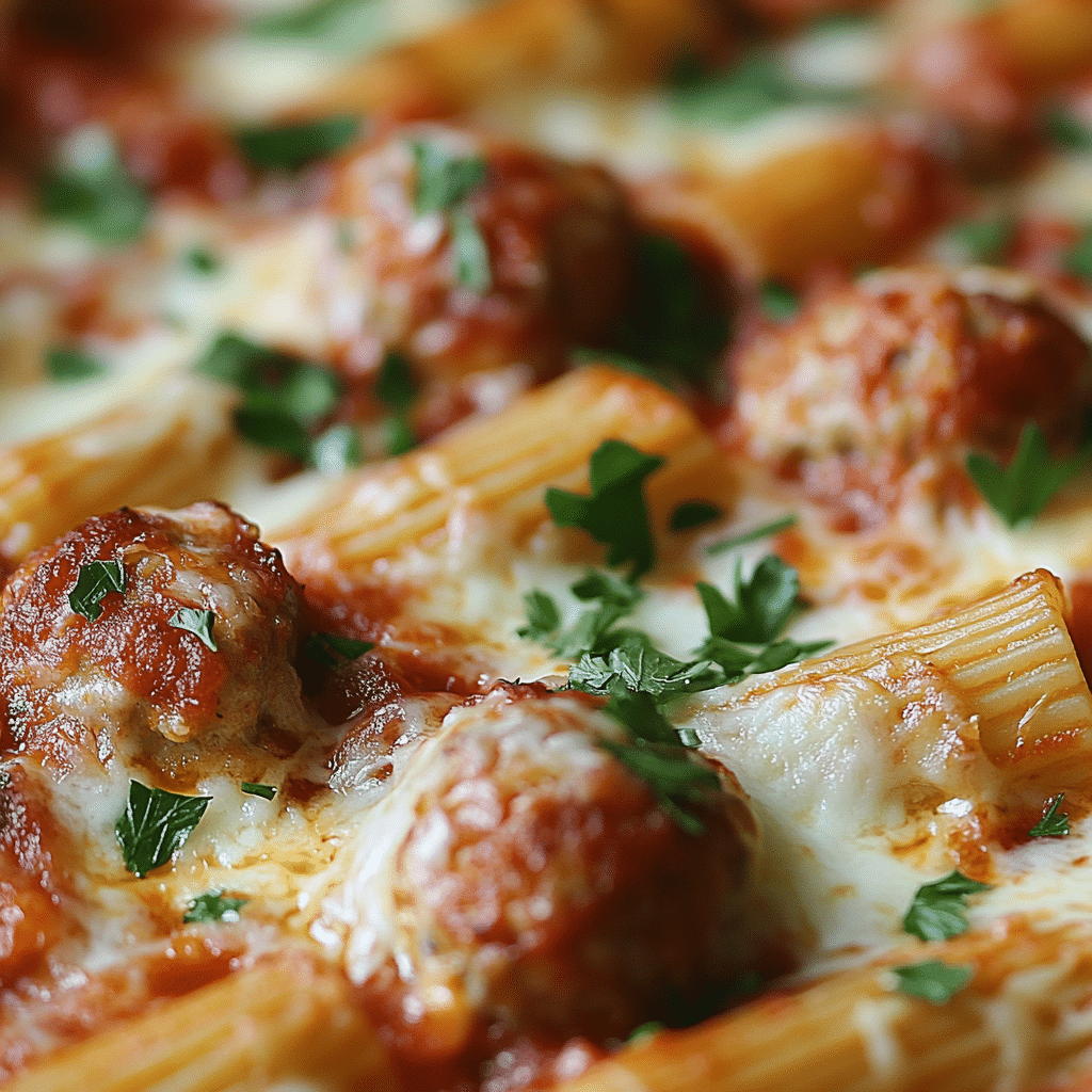 Easy Pasta Bake with Mostaccioli and Meatballs