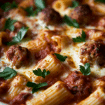 Easy Pasta Bake with Mostaccioli and Meatballs