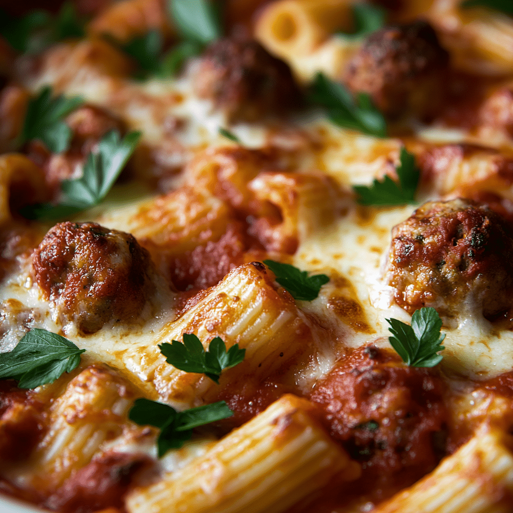 Easy Pasta Bake with Mostaccioli and Meatballs
