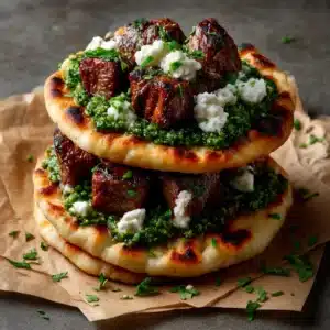 Grilled Lamb Pitas with Pistachio & Mint Pesto Recipe