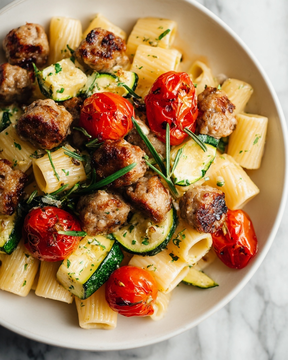 Chicken Sausages with Zucchini, Tomatoes, and Pasta Recipe - Recipe Image