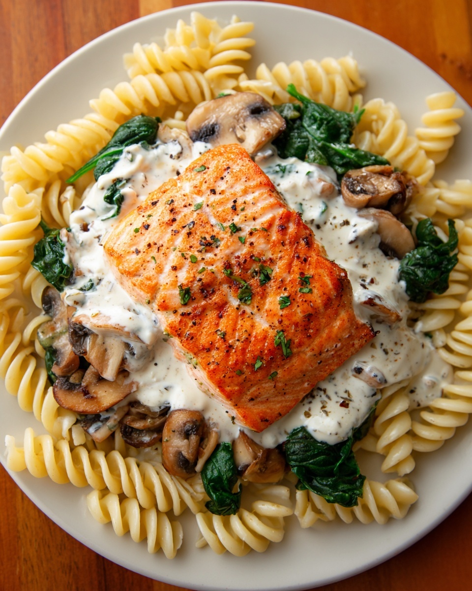 Creamy Salmon Florentine with Spinach and Mushrooms Recipe - Recipe Image