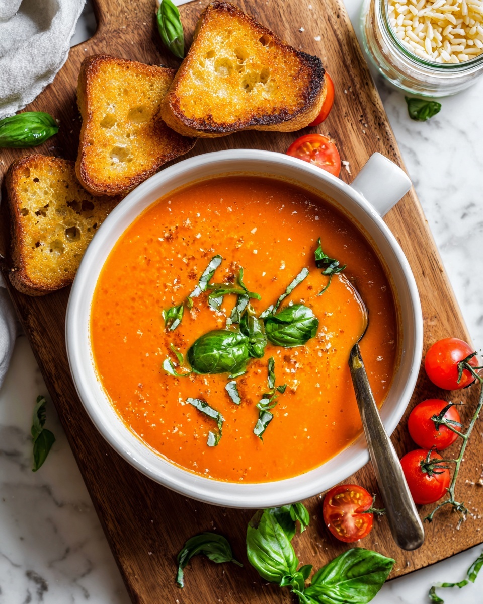 Tomato Basil Soup with Grilled Cheese Croutons Recipe - Recipe Image