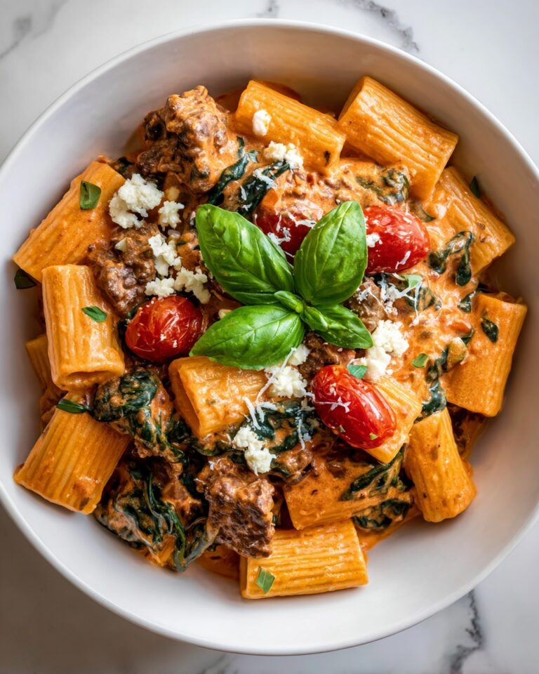 Creamy Sausage Rigatoni with Spinach and Tomato Garlic Cream Sauce Recipe