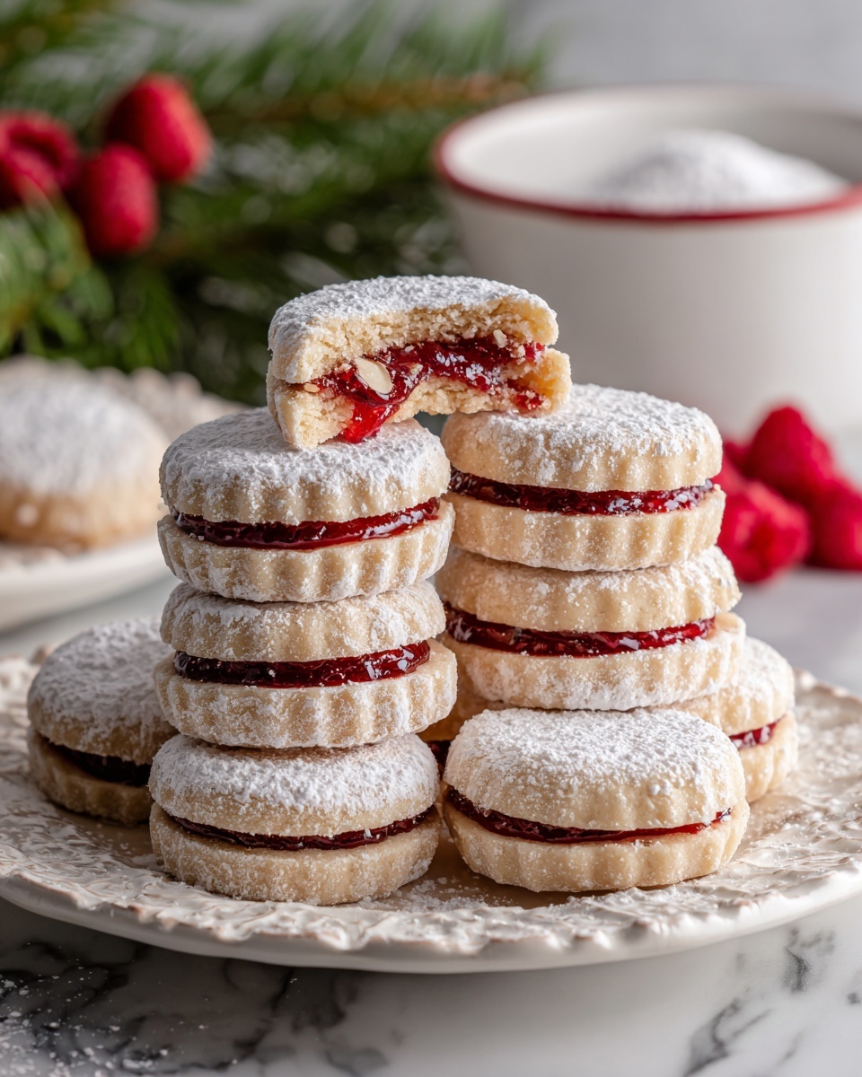 Raspberry-Filled Almond Snow Cookies – Festive Treat Recipe - Recipe Image