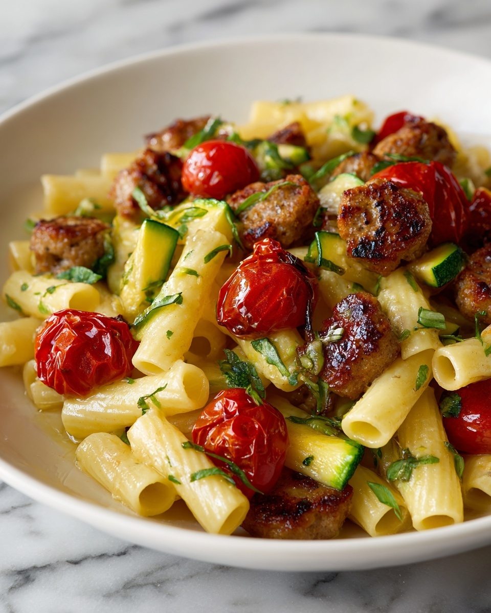Chicken Sausages with Zucchini, Tomatoes, and Pasta Recipe - Recipe Image