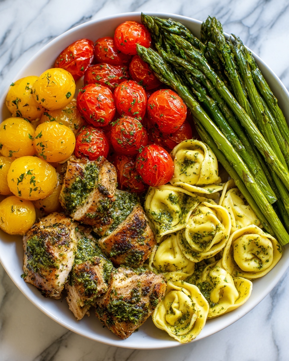 Pesto Chicken Tortellini with Sun-Dried Tomatoes, Asparagus, and Cherry Tomatoes Recipe - Recipe Image