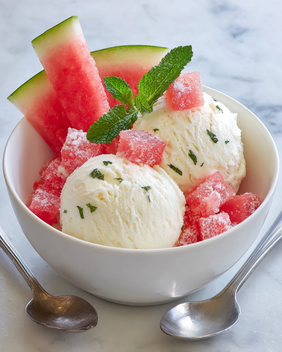Fresh Mint Ice Cream with Salted Watermelon Granita Recipe - Recipe Image