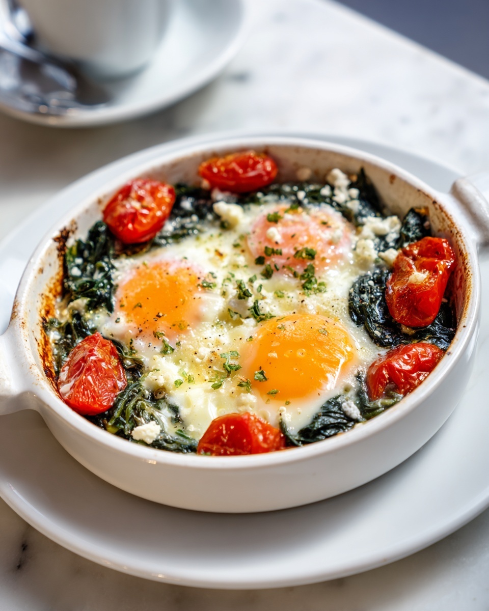 Baked Feta Eggs with Spinach and Tomatoes Recipe - Recipe Image