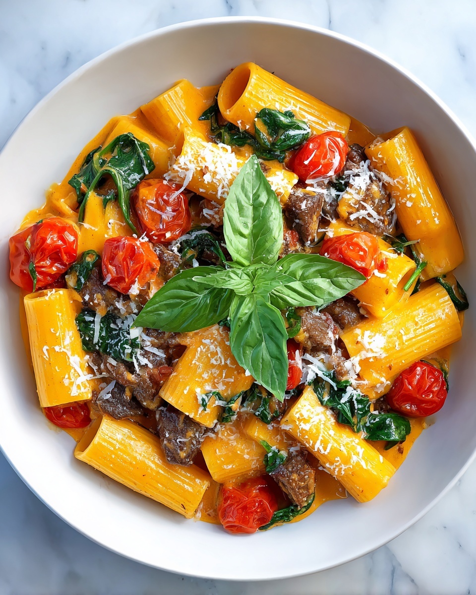 Creamy Sausage Rigatoni with Spinach and Tomato Garlic Cream Sauce Recipe - Recipe Image