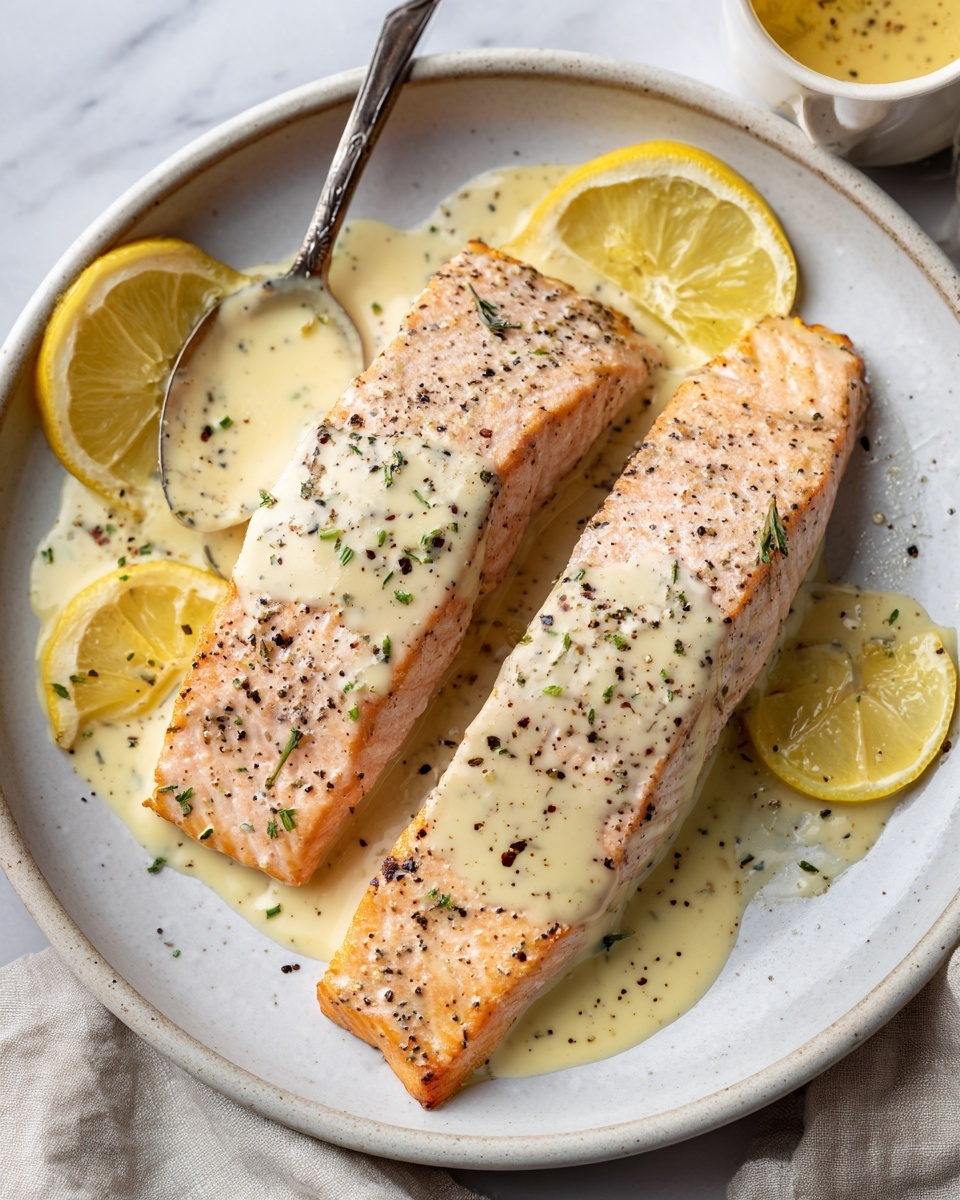 Baked Salmon with Creamy Lemon Garlic Sauce Recipe - Recipe Image