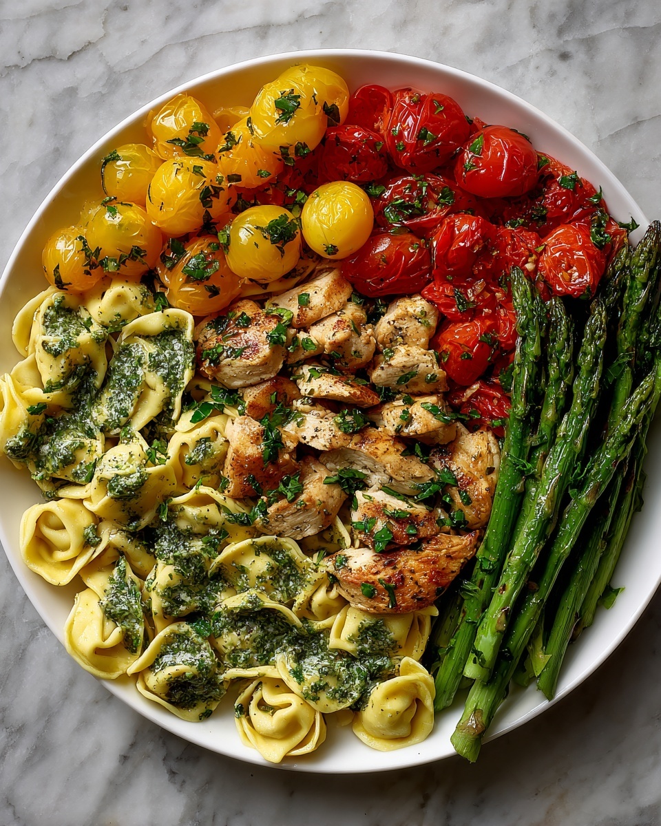 Pesto Chicken Tortellini with Sun-Dried Tomatoes, Asparagus, and Cherry Tomatoes Recipe - Recipe Image