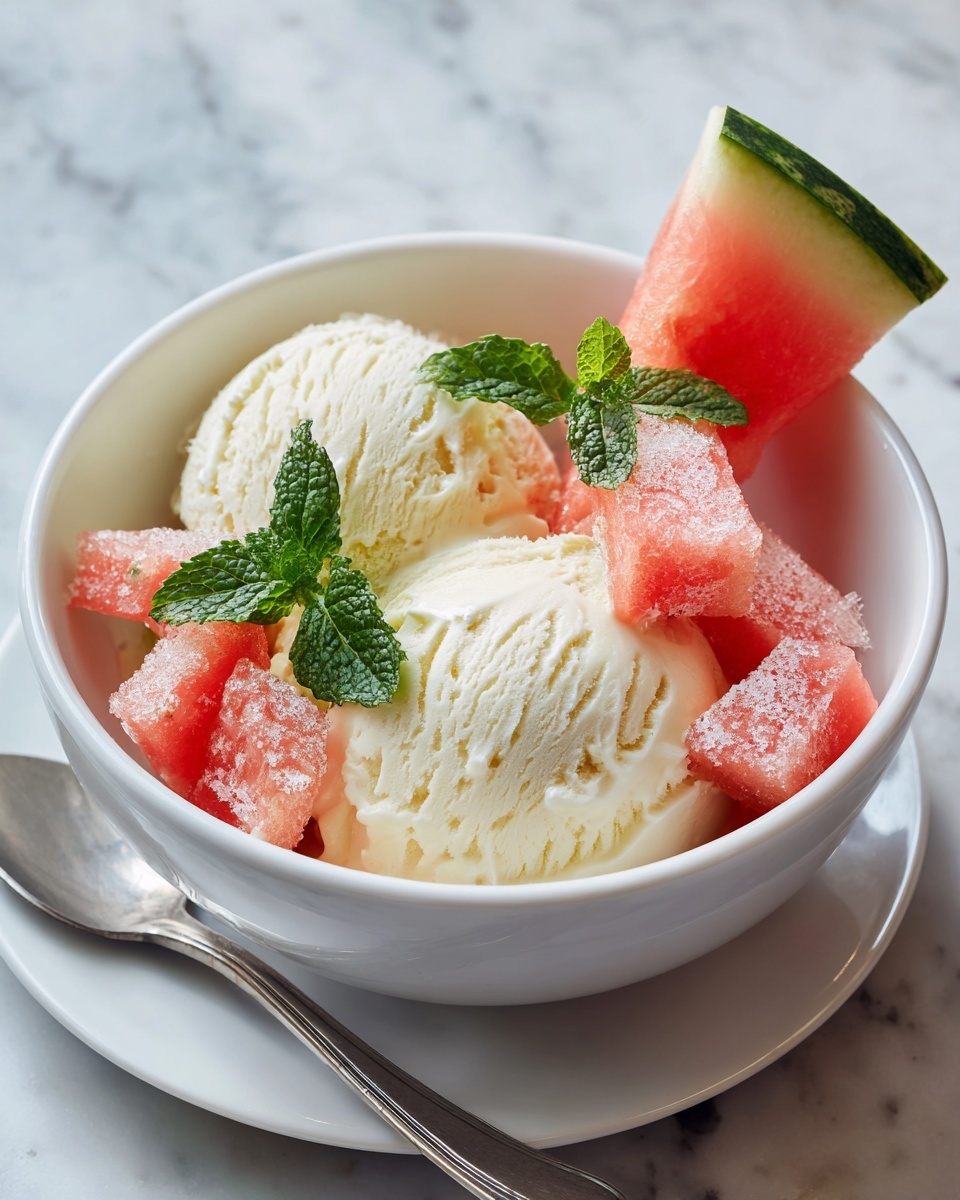Fresh Mint Ice Cream with Salted Watermelon Granita Recipe - Recipe Image