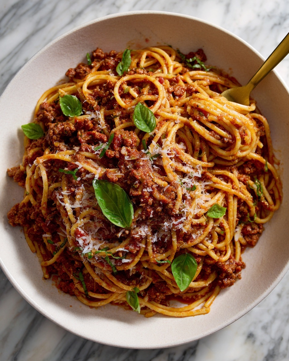 Turkey Bolognese with Spaghetti and Fresh Basil Recipe - Recipe Image
