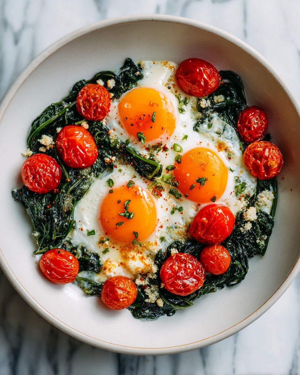 Baked Feta Eggs with Spinach and Tomatoes Recipe - Recipe Image