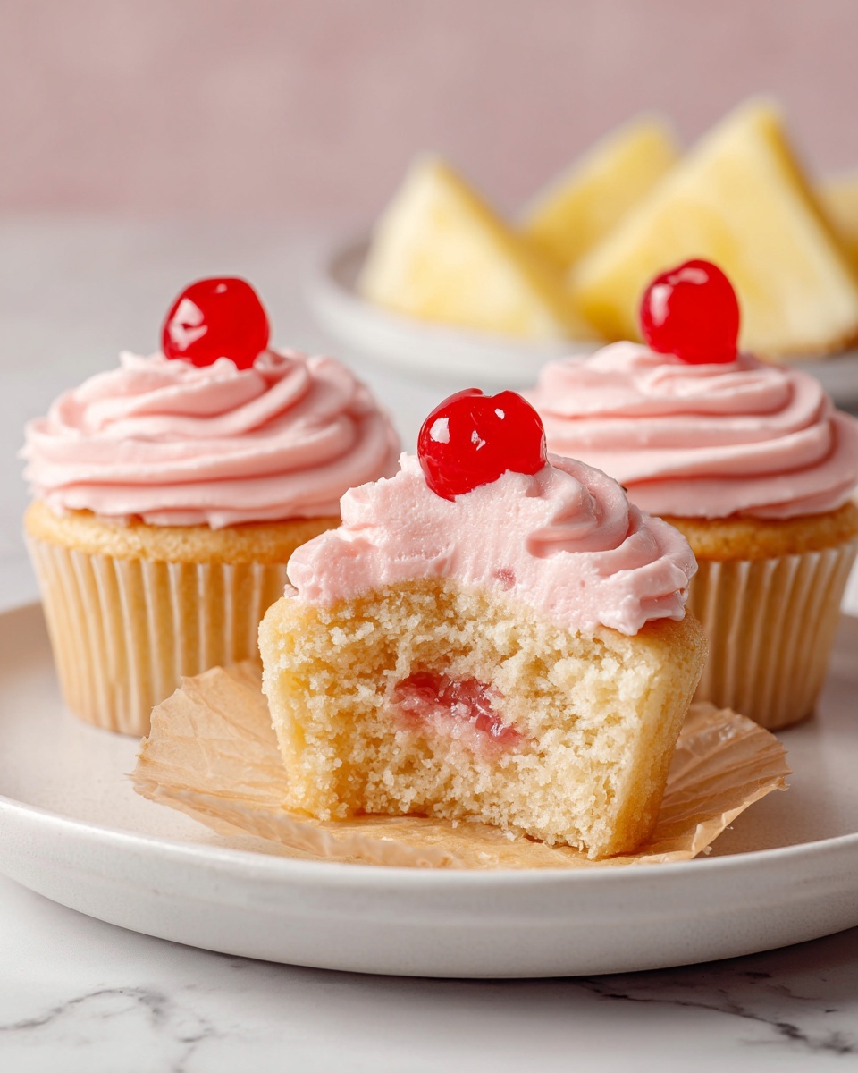 Pineapple Cupcakes with Cherry Frosting Recipe - Recipe Image