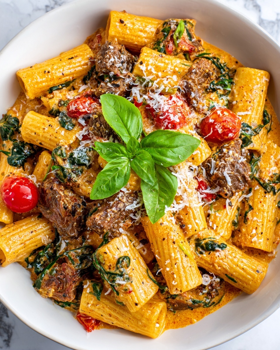 Creamy Sausage Rigatoni with Spinach and Tomato Garlic Cream Sauce Recipe - Recipe Image