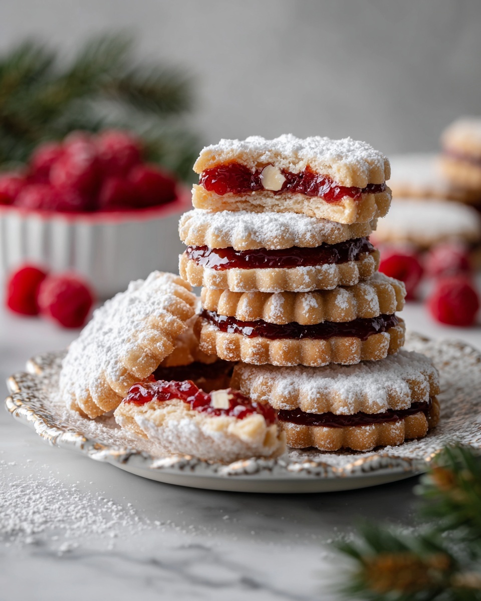 Raspberry-Filled Almond Snow Cookies – Festive Treat Recipe - Recipe Image