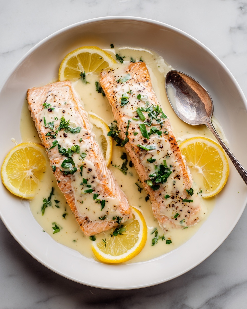 Baked Salmon with Creamy Lemon Garlic Sauce Recipe - Recipe Image