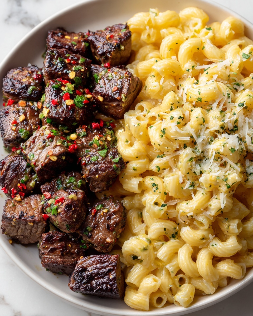 Sizzling Garlic Butter Steak Bites with Creamy Pepper Jack Pasta Recipe - Recipe Image