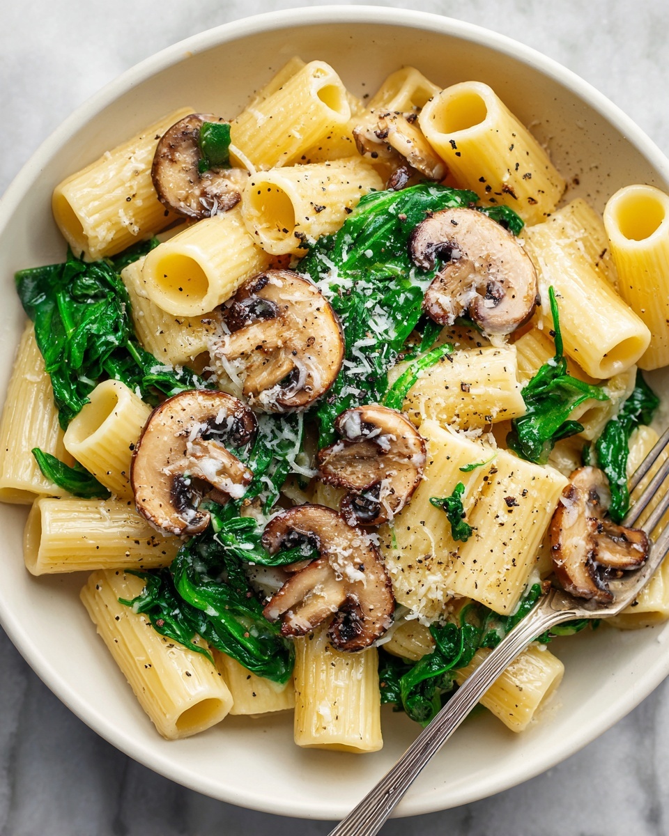 Creamy Parmesan Spinach Mushroom Pasta Recipe - Recipe Image