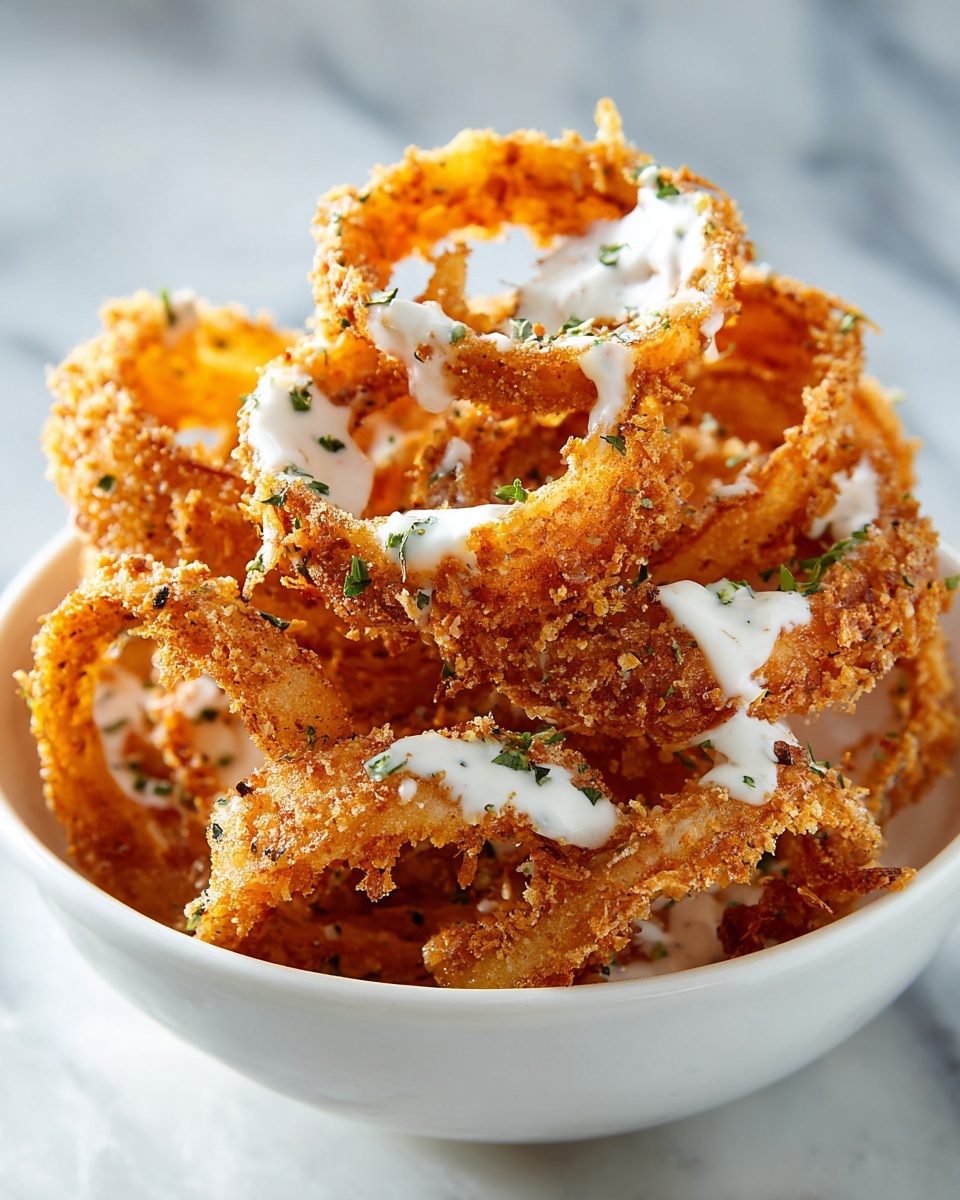 Crispy Onion Rings Drizzled with Spicy Mayo Recipe - Recipe Image