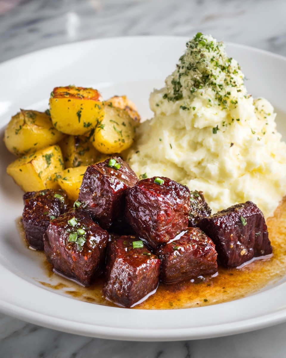 Garlic Butter Steak Bites with Cheesy Smashed Potatoes Recipe - Recipe Image
