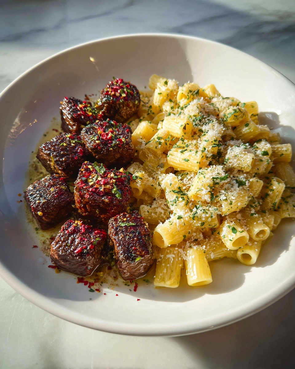 Sizzling Garlic Butter Steak Bites with Creamy Pepper Jack Pasta Recipe - Recipe Image