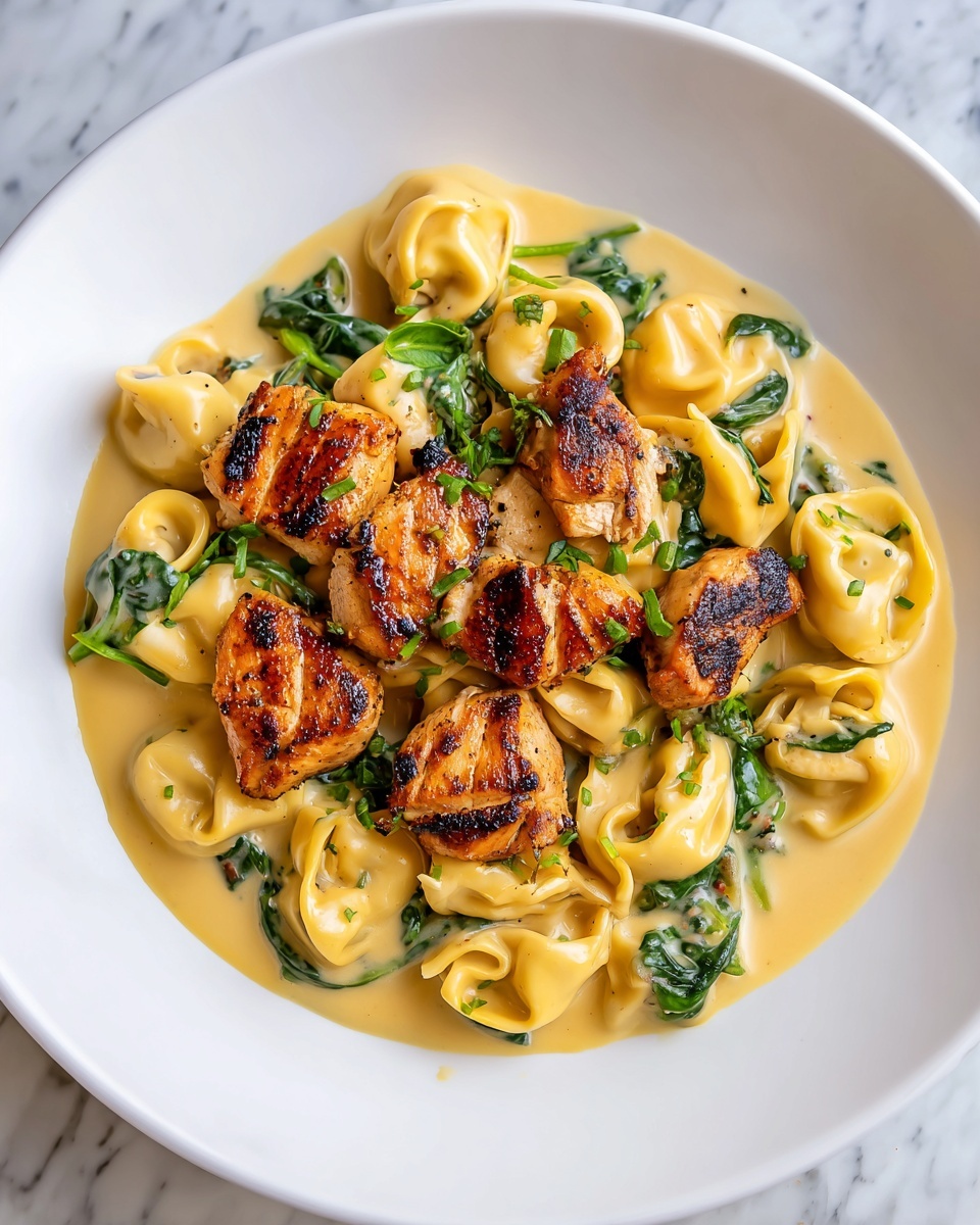 Cheesy Garlic Parmesan Chicken Tortellini with Spinach in Creamy Sauce Recipe - Recipe Image
