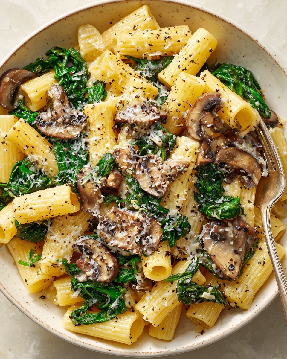 Creamy Parmesan Spinach Mushroom Pasta Recipe - Recipe Image